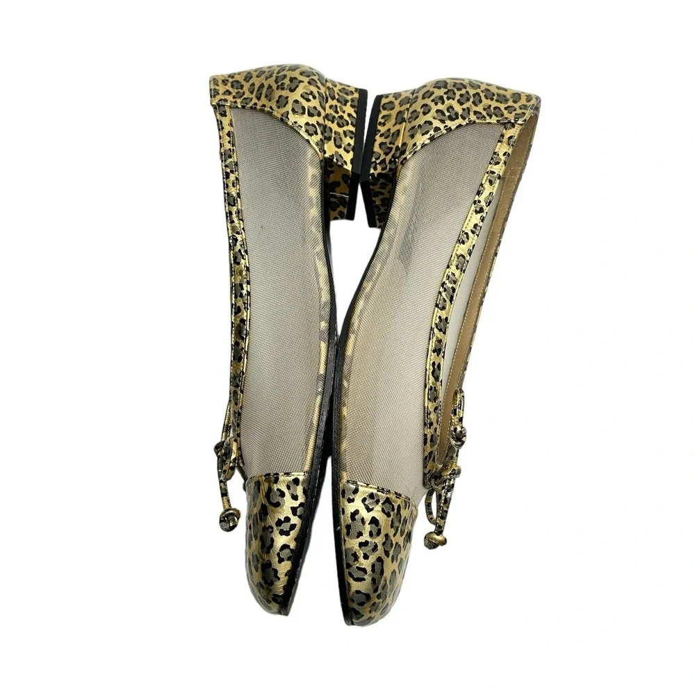 Stuart Weitzman Beige Flats with Gold Leopard Cap-Toe and Bow